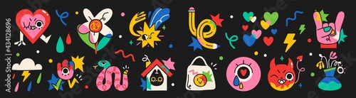 Collection of crazy Abstract comic characters elements and shapes. Bright colors Cartoon style. Vector Illustration