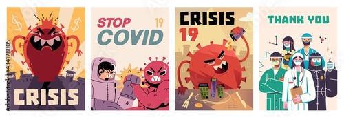 Fight with Coronavirus concept. Set of posters with illustrations of fighting with covid, corona virus. Disease campaign poster. Vector