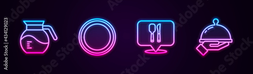 Set line Coffee pot, Plate, Cafe and restaurant location and Covered with tray food. Glowing neon icon. Vector