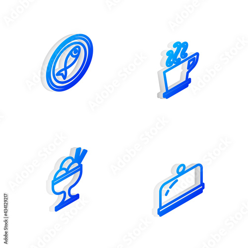 Set Isometric line Coffee cup, Served fish on a plate, Ice cream in bowl and Covered with tray icon. Vector