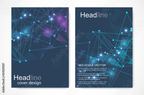 Scientific brochure design template. Vector flyer layout, Molecular structure with connected lines and dots. Scientific pattern atom DNA with elements for magazine, leaflet, cover, poster design.