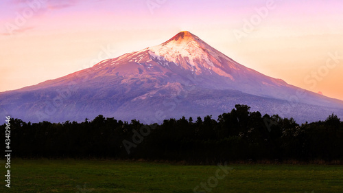 Beautiful landscape of the Osorno volcano against the sunrise sky background, Los Lagos, Chile photo