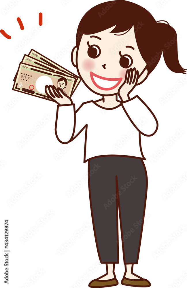 現金を持って喜ぶ若い女性。