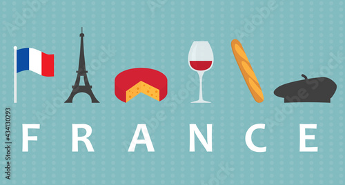 travel to France concept, flag, Eiffel tower, cheese, wine, baguette and beret - vector illustration