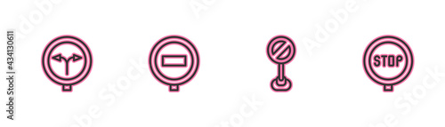 Set line Fork in the road, Stop sign, and icon. Vector
