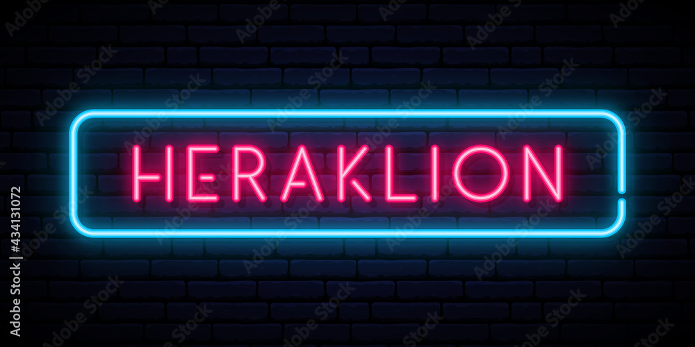 Obraz premium Heraklion neon sign. Bright light signboard. Vector banner.
