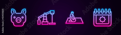 Set line Pig, Oil pump or pump jack, Muslim man prays and Ramadan calendar. Glowing neon icon. Vector