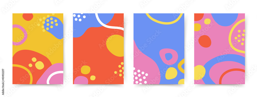 Abstract creative cover set.Trendy pattern,background with abstract lines and colored popart shapes.Vector collection for catalog,notebooks,advertisements,brochures,books,social media posts,banners