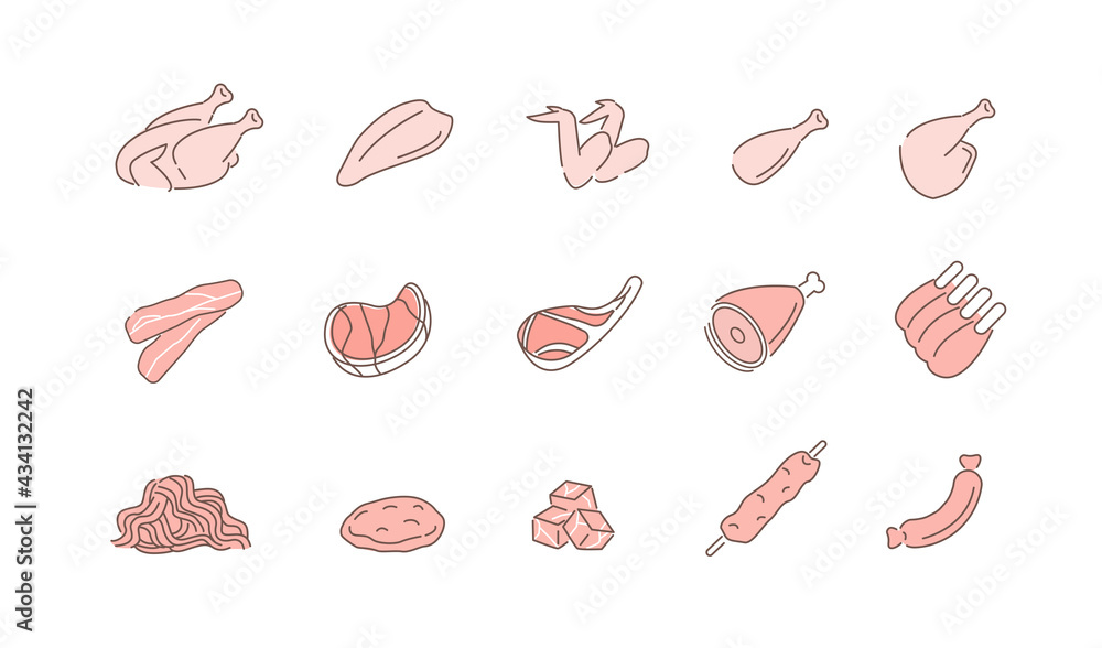 Different types of Meat. Chicken Breast, Drumsticks, Steak, Ribs and other Red Meat, Poultry and Pork Parts. Butcher Shop Symbols. Flat Line Vector Illustration and Icons set.