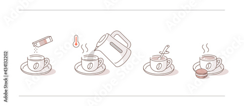 
Instruction How to Brewing Instant Coffee. Pour Coffee Granules Mixture in Cup, Add Boiling Water, Wait for few Minutes. Cooking Direction for Hot Drink. Flat Line Vector Illustration and Icons set.