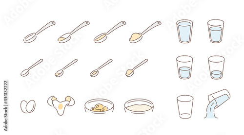 Cooking Weights and Measures for Liquid and Dry Ingredients. Typical Cooking Measuring System for Different Recipes. Flat Line Vector Illustration and Icons set.