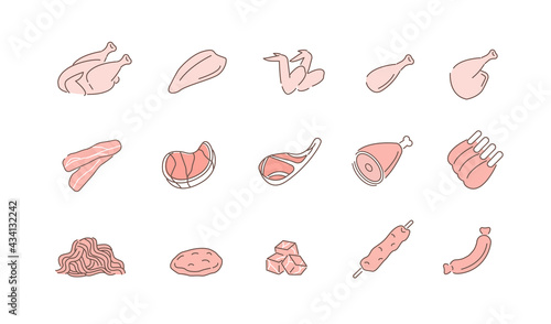 Different types of Meat. Chicken Breast, Drumsticks, Steak, Ribs and other Red Meat, Poultry and Pork Parts. Butcher Shop Symbols. Flat Line Vector Illustration and Icons set.
