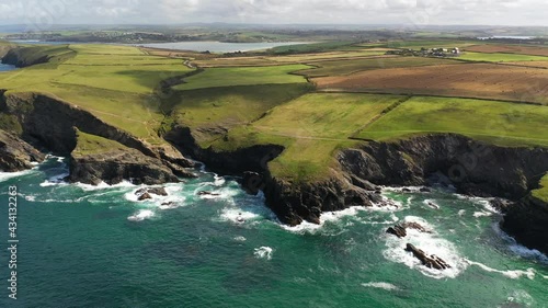 Aerial of dramatic North Cornish coastline near Padstow, Cornwall, England, United Kingdom, Europe