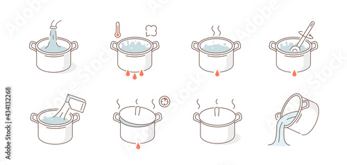 Instruction How to Boiling Something in Cooking Pot. Boiled Steamed Water in Kitchen Saucepan. Cooking Instructions Symbols. Flat Line Vector Illustration and Icons set.