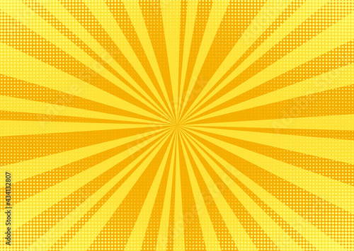 Pop art background. Comic pattern with starburst and halftone. Yellow banner with dots and beams. Cartoon retro sunburst effect. Vintage sunshine texture. Vector illustration. Funny superhero print