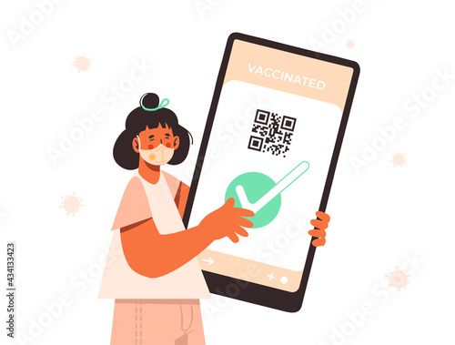 Covid-19 immune passport. Digital vaccine certificate. Woman holding big smartphone with coronavirus application. Qr code test result. Safe travelling during the pandemic. Isolated on white.
