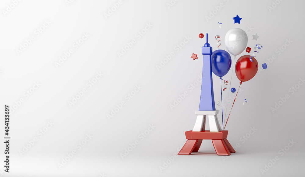 France 14 July, Happy Bastille Day decoration background with eiffel tower balloon confetti copy space text, 3D rendering illustration - obrazy, fototapety, plakaty 