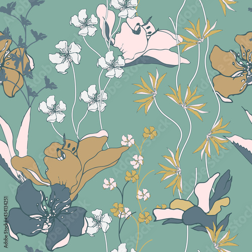 Summer tropical floral print, large lily flowers on a green background. Vector vintage texture for fabric.