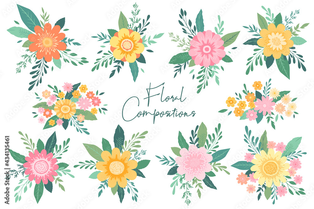 Vector collection of floral compositions from hand drawn colorful flowers, leaves and branches isolated on white background. Bouquet design templates for wedding invitation, card, brochure