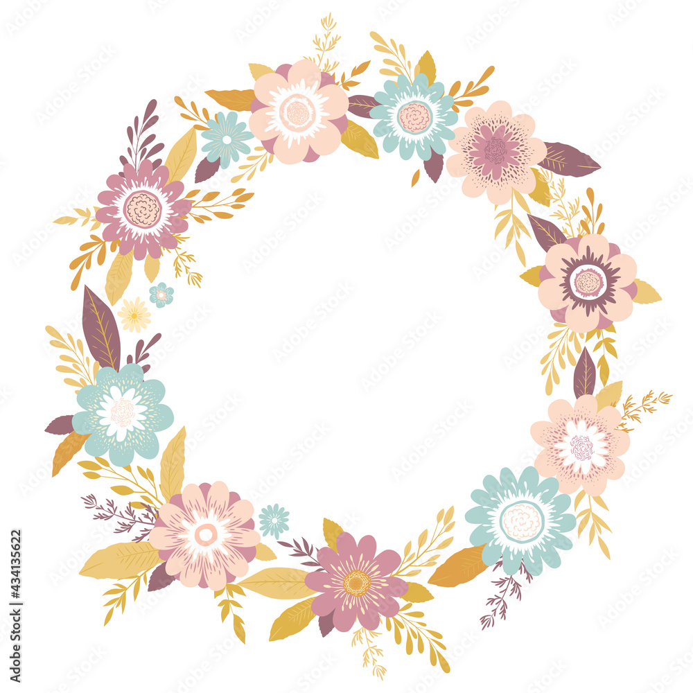 Vector illustration with round wreath from hand drawn colorful leaves, flowers and branches isolated on white background. Floral design template for brochure, wedding invitation, card