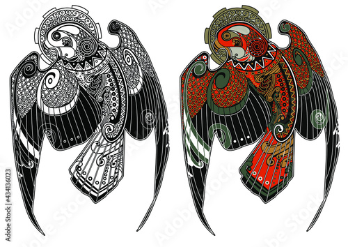 Bird falcon pattern in scandinavian Celtic Irish Native American style