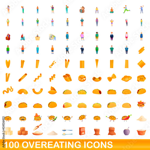 100 overeating icons set. Cartoon illustration of 100 overeating icons vector set isolated on white background