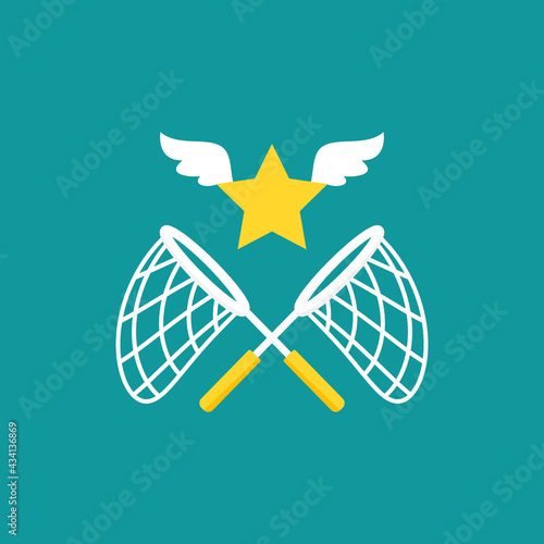 Two crossed butterfly nets with star. Catch, hunt, chase dream symbol.