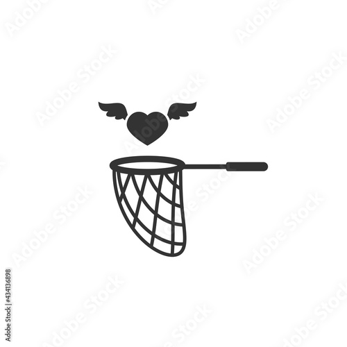 Butterfly net with heart. Catch, hunt, chase symbol. Achieve love or dreams concept.