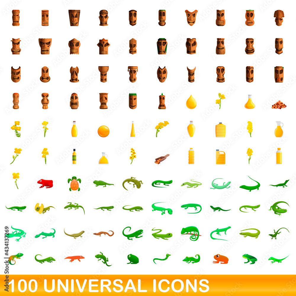 100 universal icons set. Cartoon illustration of 100 universal icons vector set isolated on white background