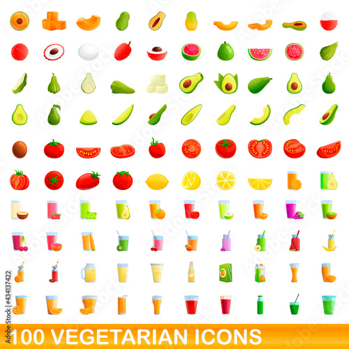 Fototapeta Naklejka Na Ścianę i Meble -  100 vegetarian icons set. Cartoon illustration of 100 vegetarian icons vector set isolated on white background