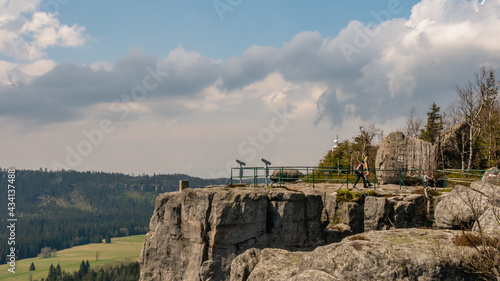 Rock formations on tourist trail called Rock Labyrinth on Szczeliniec Wielki plateau in Table Mountains, Poland 