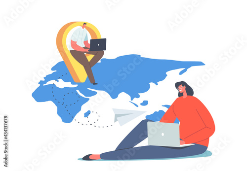 Characters Remote Working Concept. Telework and Global Outsourcing, Employees Work from Home Sitting on World Map
