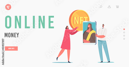 Online Money Landing Page Template. Tiny Female Character with Huge NFT Coin and Man with Masterpiece on Smartphone