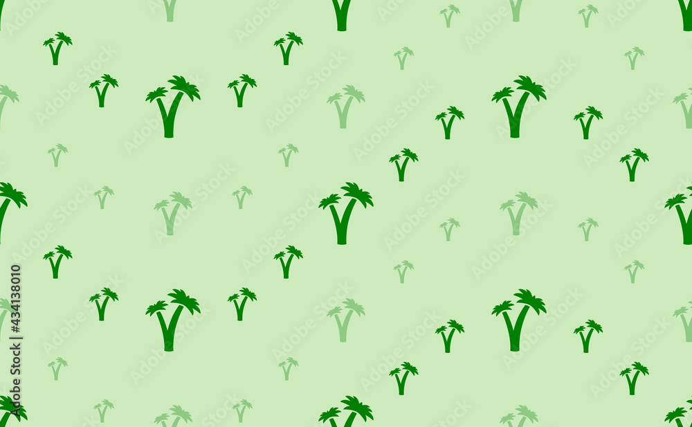 Fototapeta premium Seamless pattern of large and small green palm trees symbols. The elements are arranged in a wavy. Vector illustration on light green background