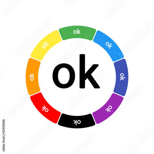 A large black ok symbol in the center, surrounded by eight white symbols on a colored background. Background of seven rainbow colors and black. Vector illustration on white background