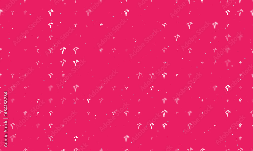 Seamless background pattern of evenly spaced white palm trees symbols of different sizes and opacity. Vector illustration on pink background with stars Seamless background pattern of evenly spaced white palm trees symbols of different sizes and opacity. Vector illustration on pink background with stars
