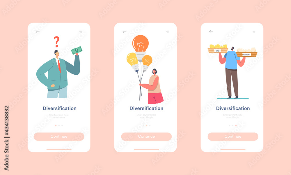 Diversification Investment Mobile App Page Onboard Screen Template. Character Improve Financial Balance, Risk Management Diversification Investment Mobile App Page Onboard Screen Template. Character Improve Financial Balance, Risk Management