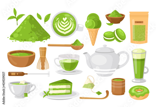 Matcha tea. Vector set of organic tea matcha powder, tea leaves, teapot, matcha latte, macarons, spoon, traditional cup, whisk, tools for Japanese ceremony. Matcha green tea ceremony. Healthy drink