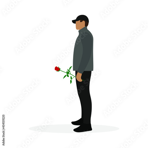 Male character in a jacket and cap stands with a red rose in his hand on a white background