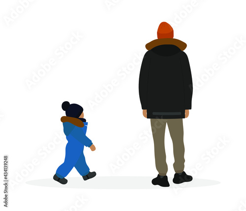 Male character and child in warm clothes together on a white background