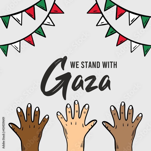 We stand with gaza typography with hand holding flag illustration design