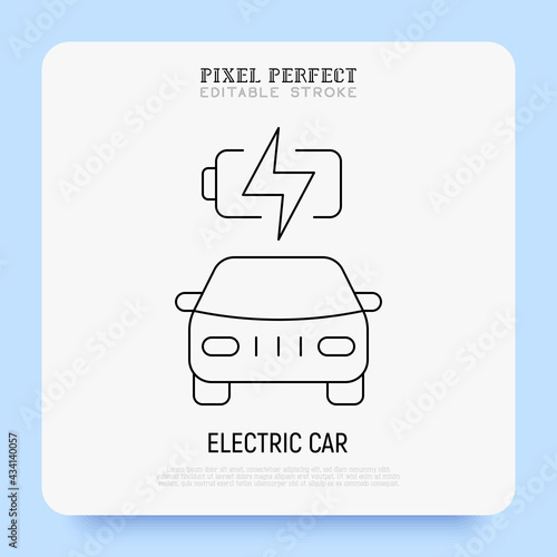 Electric car is charging. Thin line icon. Eco transport. Electromobile. Pixel perfect, editable stroke. Vector illustration.
