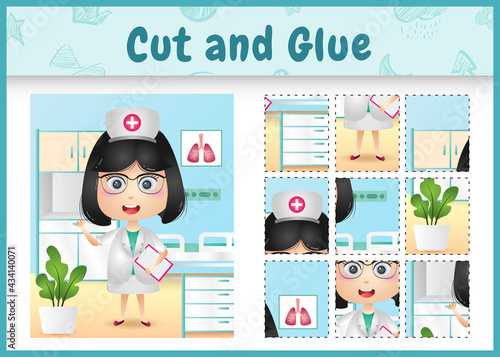 Children board game cut and glue with a cute girl nurses