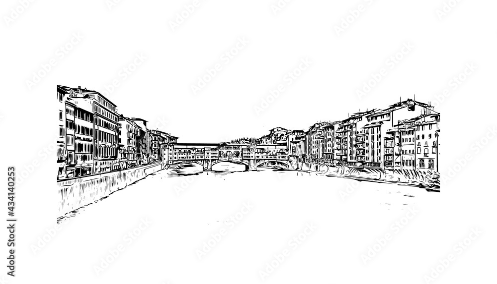 Building view with landmark of Florence is the
city in Italy. Hand drawn sketch illustration in vector.