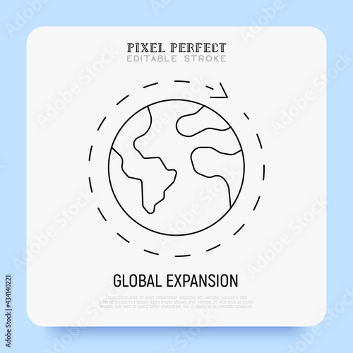 Global expansion thin line icon. Globe with around arrow. Globalization. Pixel perfect, editable stroke. Vector illustration.