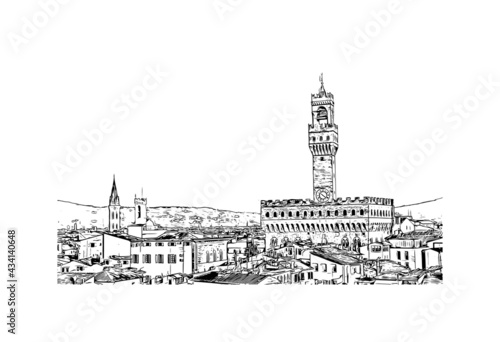 Building view with landmark of Florence is the 
city in Italy. Hand drawn sketch illustration in vector.