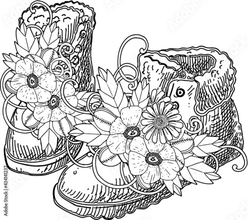 Hand drawn flower inspired black and white sketch adult coloring pages