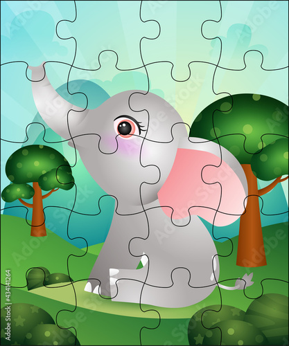 Puzzle game illustration for kids with cute elephant