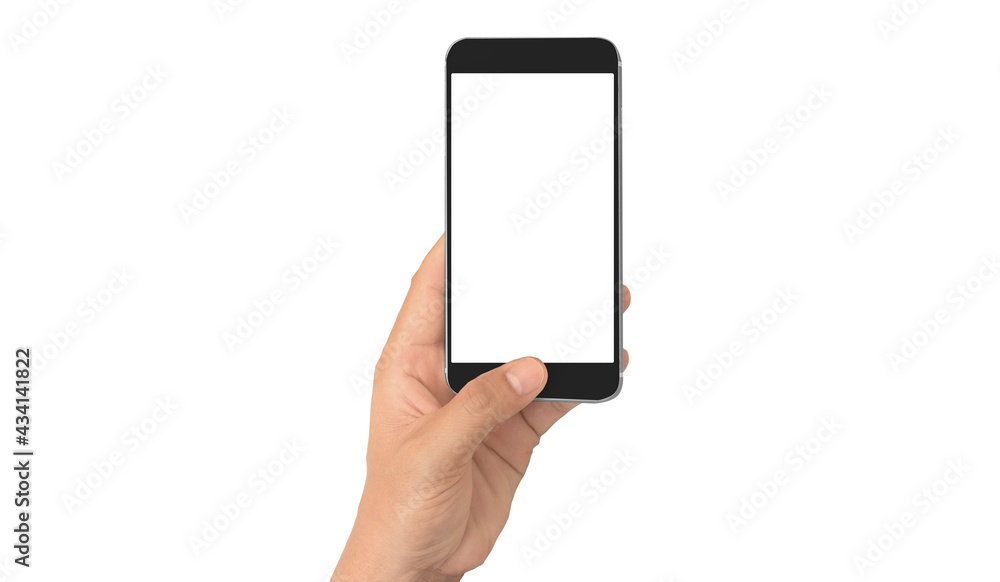 Hand holding smartphone device touching screen Hand holding smartphone device touching screen