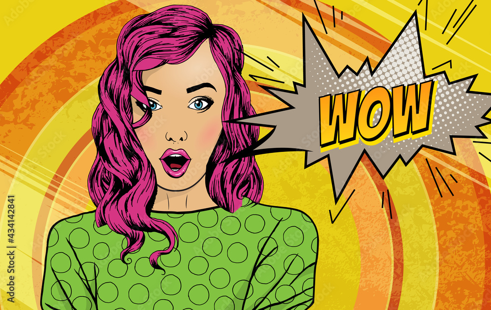Pop art surprised woman face with open mouth. Comic woman with Wow speech bubble.  colorful background in pop art retro comic style. Party invitation poster